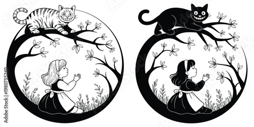 Two circular illustrations of a girl and a cat in a tree, one striped and one black child young