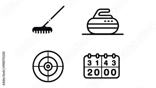 Curling Essentials Icon Set: A comprehensive collection of iconic symbols representing the fundamental elements of the sport, including a stone, broom, target, and scoreboard.