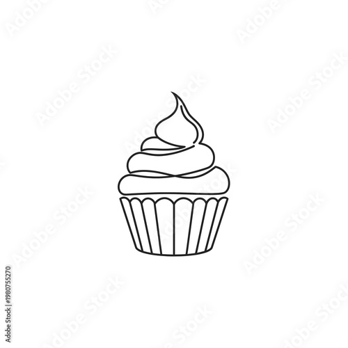 Black and white line drawing of a cupcake, perfect for bakery logos, invitations, cards, and decor elements in various designs.