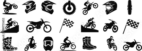 Motocross and Dirt Bike Icon Set – Black Vector Extreme Sports Motorcycle Collection, Isolated on White Background