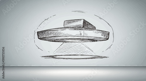 Hand-drawn image of a fictional UFO abducting the ground with light beams