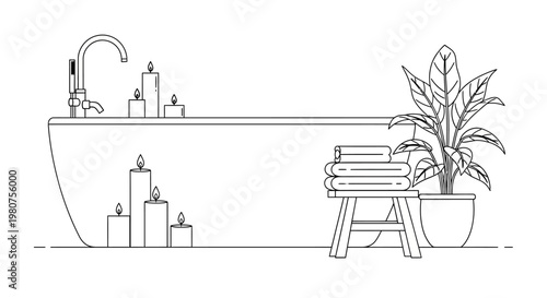 Bathroom Bathtub with Towels and Plant.