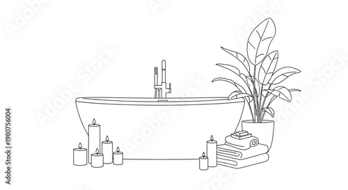 Bathroom Bathtub With Cosmetics And Plant.