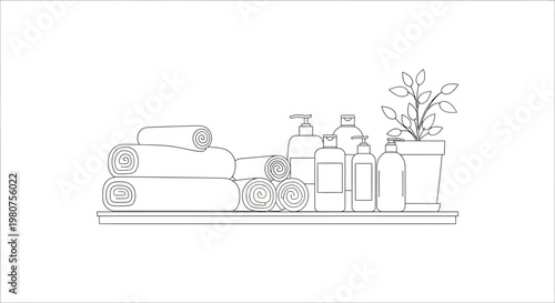 Bathroom essentials on a shelf.