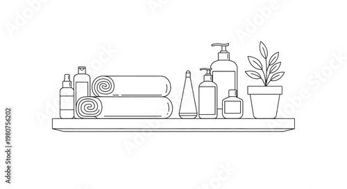 Bathroom shelf with toiletries and towels.