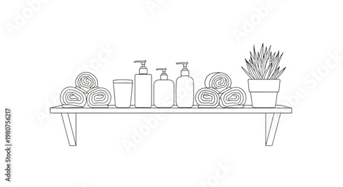 Bathroom shelf with towels and toiletries.