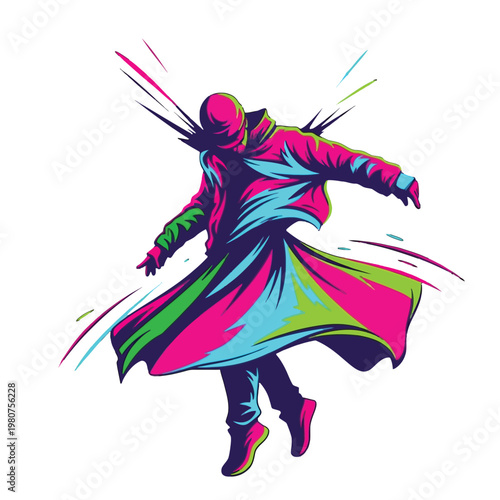 Dynamic illustration of a person in mid-air, caught in a burst of vibrant, abstract colors, conveying movement and energy