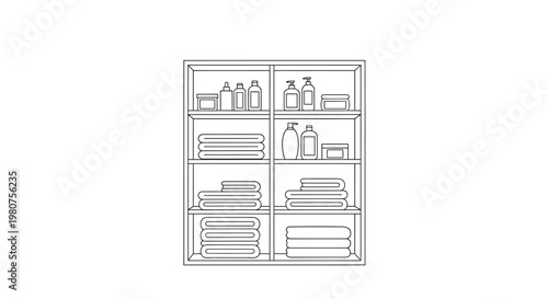 Bathroom shelf with towels and toiletries.