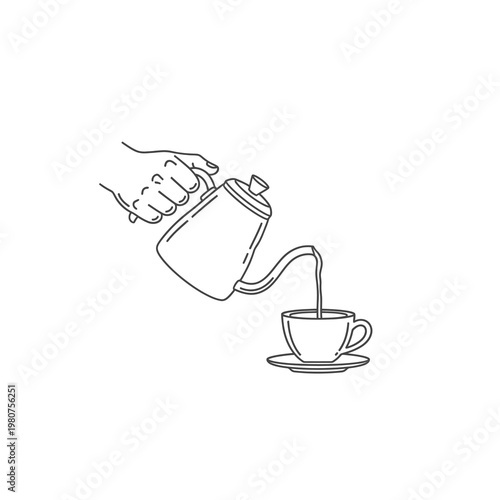 Minimalist hand pouring coffee from kettle into cup line icon vector illustration simple barista brewing concept outline graphic cafe beverage symbol isolated clean background