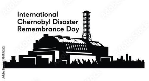 Chernobyl disaster remembrance day graphic with a nuclear power plant silhouette