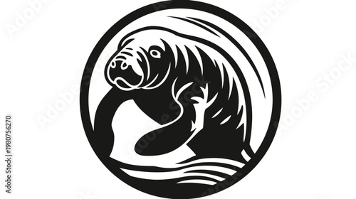 Stylized black and white manatee in a circular frame, surrounded by water