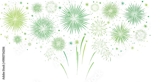 Green Fireworks Bursting Brightly White Background.