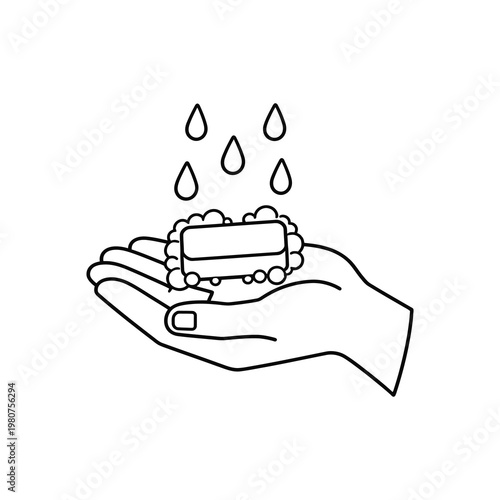 Vector of a hand holding a bar of soap with water drops falling above