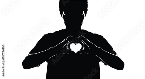 Black silhouette of a person forming a heart shape with their hands on white background, symbolizing love and affection in a simple yet powerful gesture