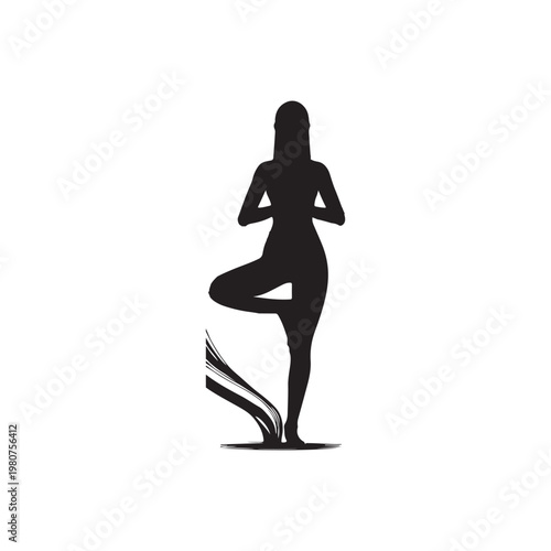 Black silhouette of a woman performing a yoga tree pose with abstract swirling lines at the base Keywords: yoga