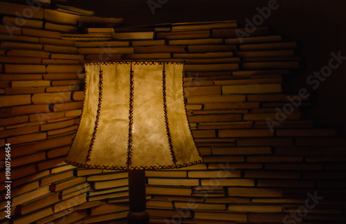 Warm light from a lamp in a room filled with neatly stacked books in the evening