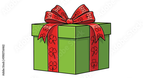 Green Gift Box with Red Ribbon and Lucky Clover Pattern.