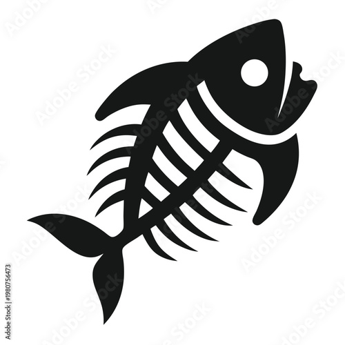 Black and white simplified illustration of a fish skeleton graphic design element on white background.