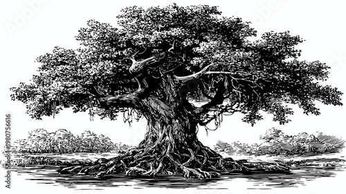 Intricate drawing of a large, gnarled tree with dense foliage in a natural setting