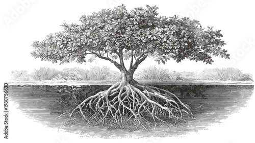 Ornate monochrome tree drawing with exposed roots and textured shading on white