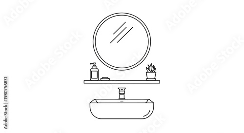 Modern bathroom sink and round mirror.