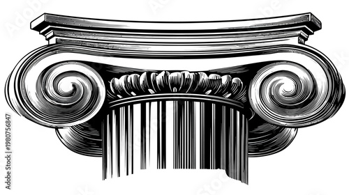 Ornate capital of a pillar with volutes in a black and white woodcut style illustration