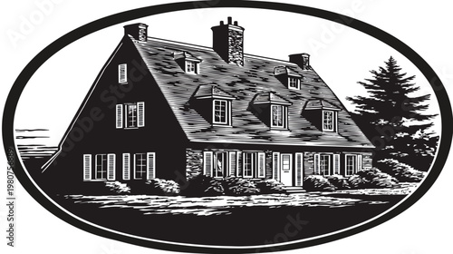 Black and white drawing of house with many windows in oval frame with yard & tree