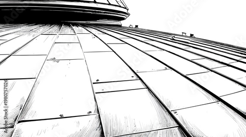 Dome exterior panels stretching towards the upper left, graphic black and white design