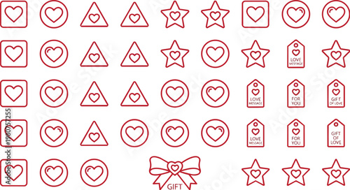 Collection of simple heart shapes presented in various outlines including circles squares triangles and stars with some containing gift tags and a bow.