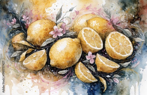 watercolor lemons with pink floral pattern. High quality photo