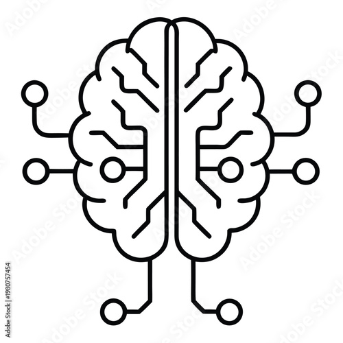A black line art illustration of a brain with circuit board connections