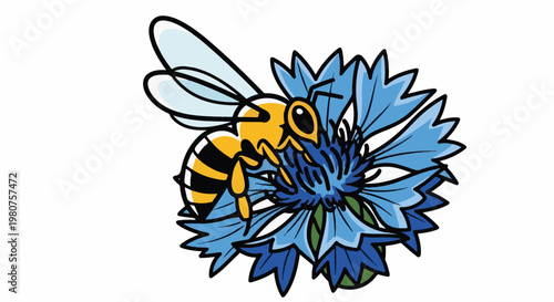 A cartoon bee buzzes around a vibrant blue cornflower, collecting nectar