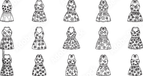 Black and white of twelve stylized women in patterned dresses patterns geometric shapes