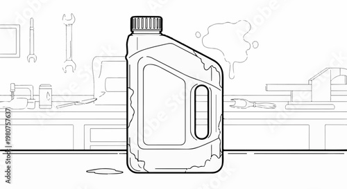 A bottle of oil sits on a workbench with tools and a vise