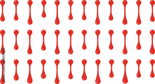 Repeating pattern of pixelated red droplets forms an abstract design with each droplet resembling a small, elongated hourglass.