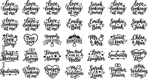 Elegant black calligraphy displays various romantic phrases and couple names on a white background.