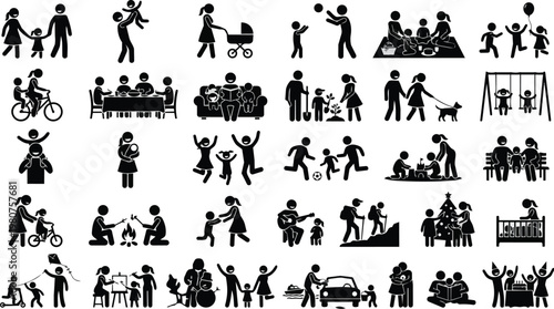 Numerous family and people icons representing various activities and relationships are depicted in a black and white silhouette.