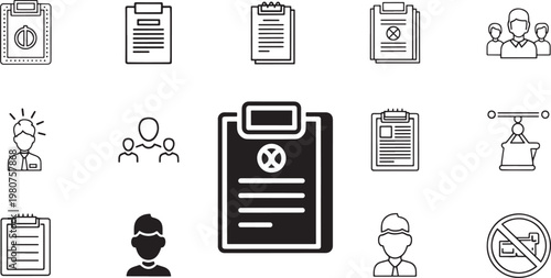 Black and white of various office and technology symbols and office technology computer laptop smartphone