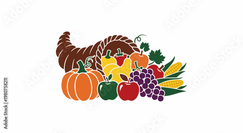 A bountiful cornucopia overflows with autumn fruits and vegetables