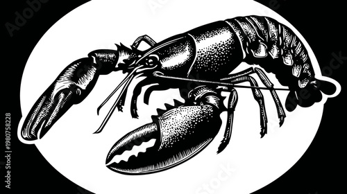 Stylized black and white drawing of a lobster inside a white circle on a black background