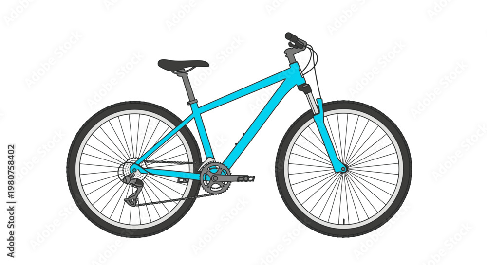 Fototapeta premium Bright blue mountain bike with suspension fork and disc brakes isolated on white background, vector illustration