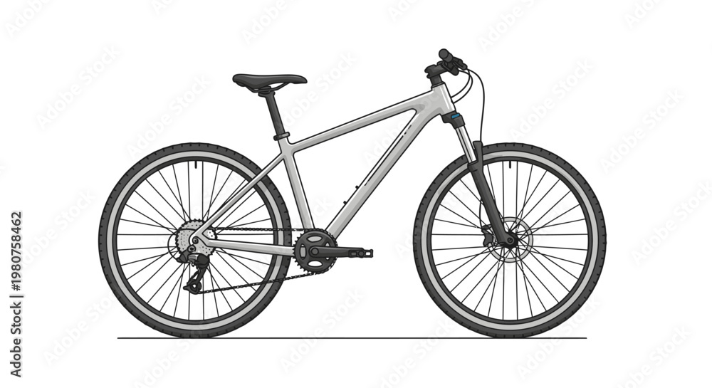 Fototapeta premium Modern gray mountain bike with disc brakes and suspension fork, isolated on a white background