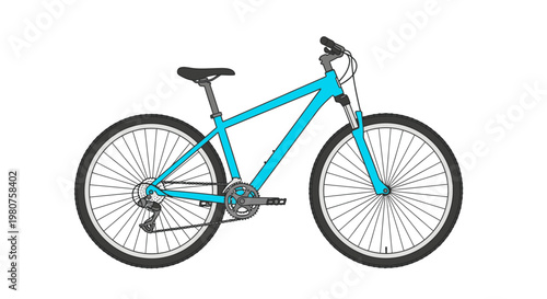 Bright blue mountain bike with suspension fork and disc brakes isolated on white background, vector illustration