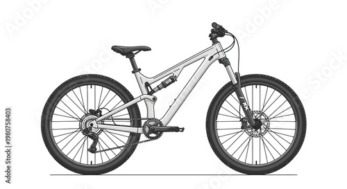 Modern silver full suspension mountain bike isolated on white background, studio shot, outdoor sports equipment