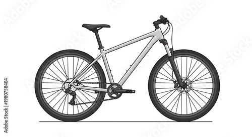 Modern silver mountain bike with suspension fork and disc brakes, isolated on a white background, studio shot