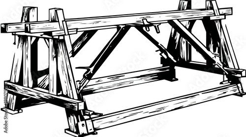 Black-and-white illustration of a wooden sawhorse or crafting table structure