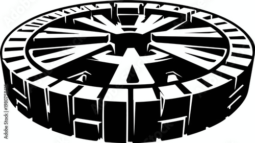 Abstract black and white isometric illustration of a circular, tiered structure
