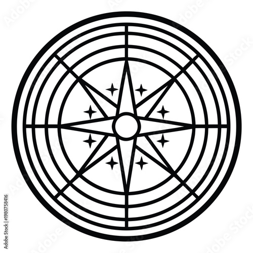A minimalist black compass rose icon on a white background