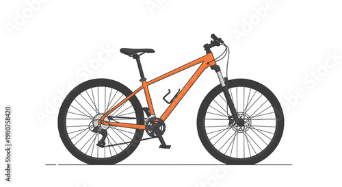 Orange mountain bike with disc brakes and suspension, isolated on white background, studio shot
