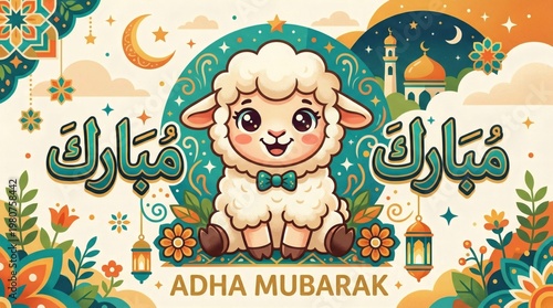 A colorful illustration of a cartoon sheep with Arabic calligraphy and decorative patterns.